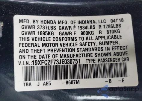 2018 Honda Civic Ex from USA, damaged, VIN 19XFC2F73JE030751